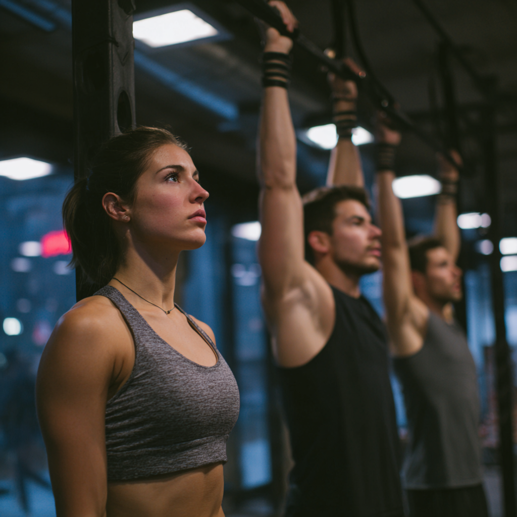 Grup de români adulți zâmbitori de diferite vârste antrenându-se împreună într-o sală de fitness modernă, concentrați pe exerciții de forță